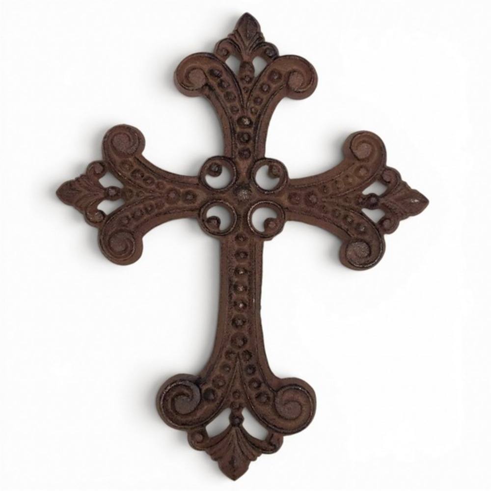 Cast Iron‎ Brown Rusted Metal Dot & Scroll Christian Cross Rustic Wall Art